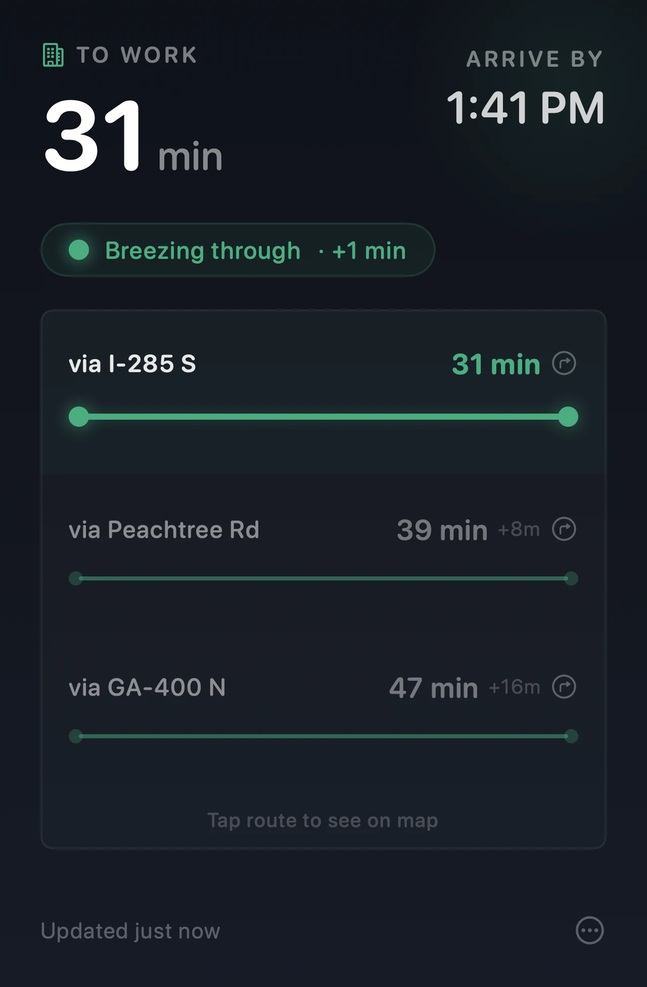 Arrival's popover in dark mode, clear traffic — 31 minutes to work with a green mood badge