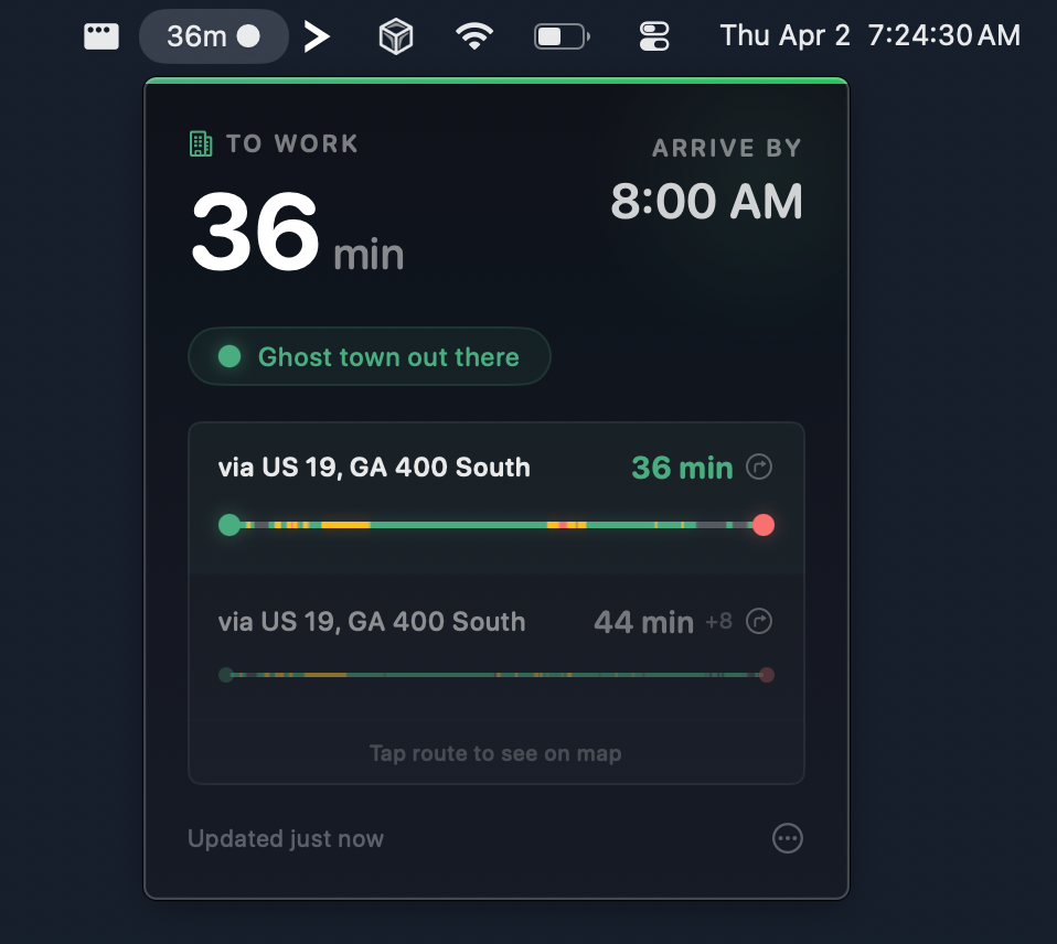 Arrival dark mode showing clear traffic — 31 min, Not a car in sight