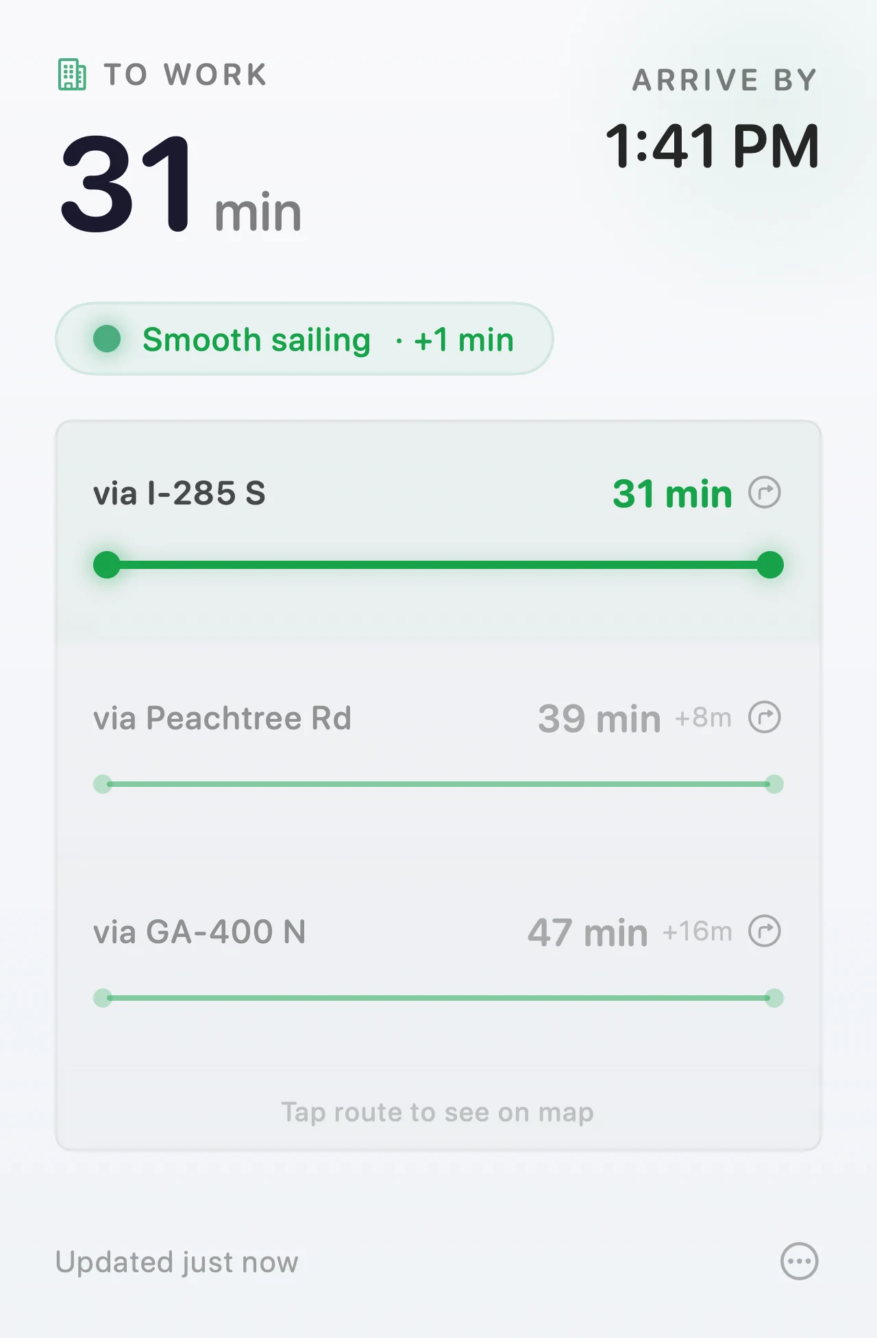 Arrival's popover, clear traffic — 31 minutes to work with a green mood badge