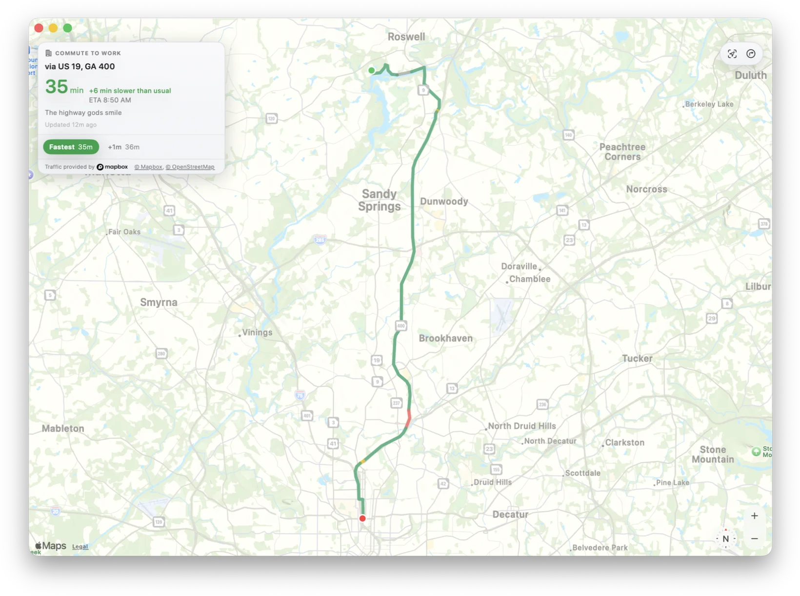 Arrival's Traffic Map window — the route from Roswell into Atlanta drawn on the map, with a floating panel reading 35 min, 6 minutes slower than usual, and an ETA of 8:50 AM