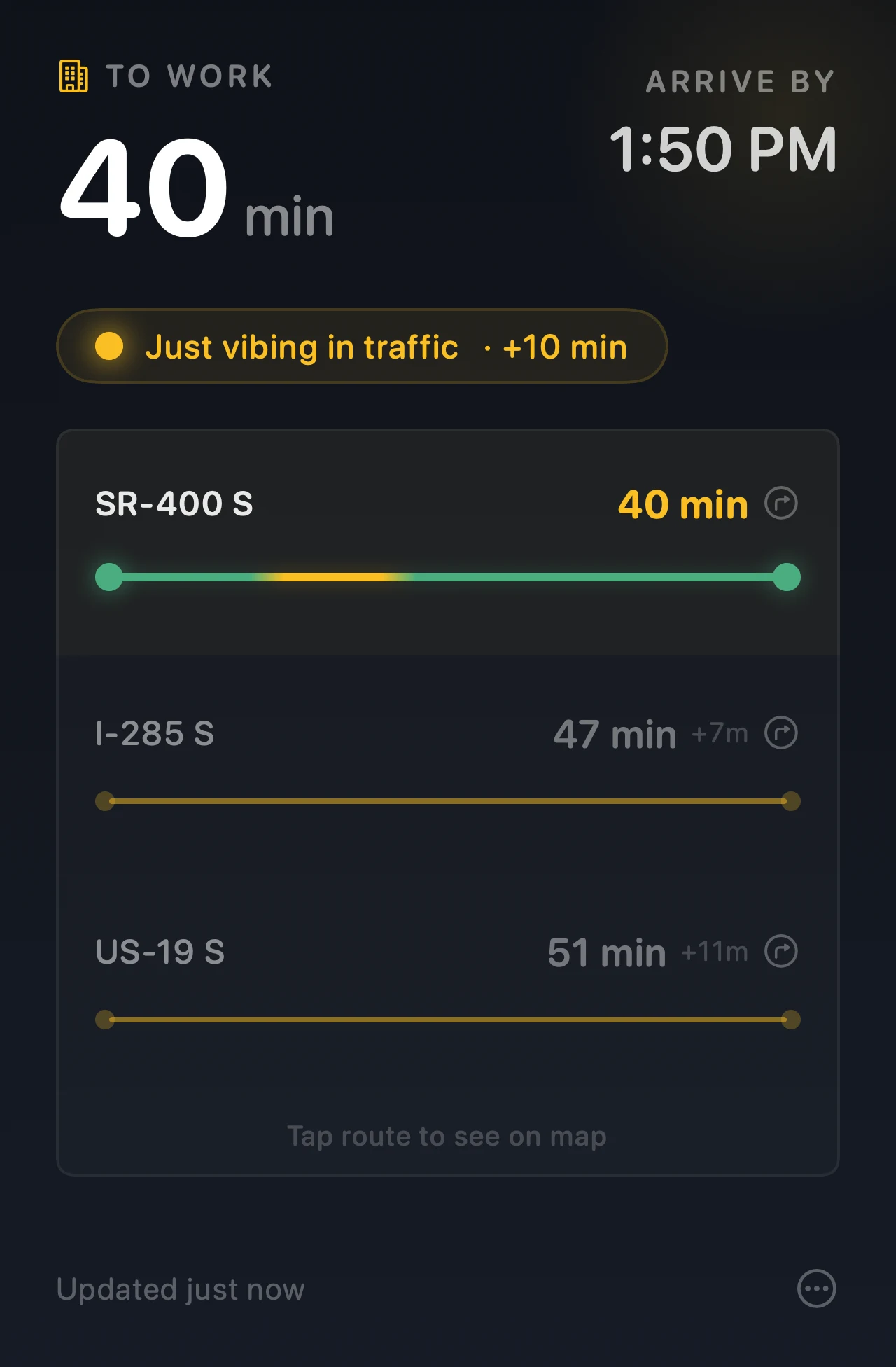 Arrival's popover in dark mode, moderate traffic — 40 minutes to work with an amber mood badge
