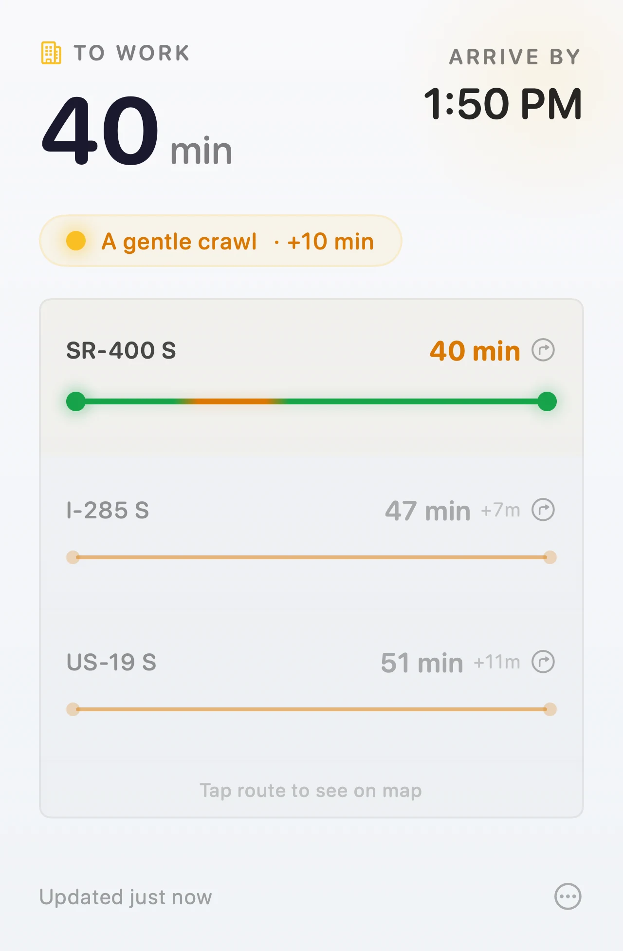 Arrival's popover, moderate traffic — 40 minutes to work with an amber mood badge