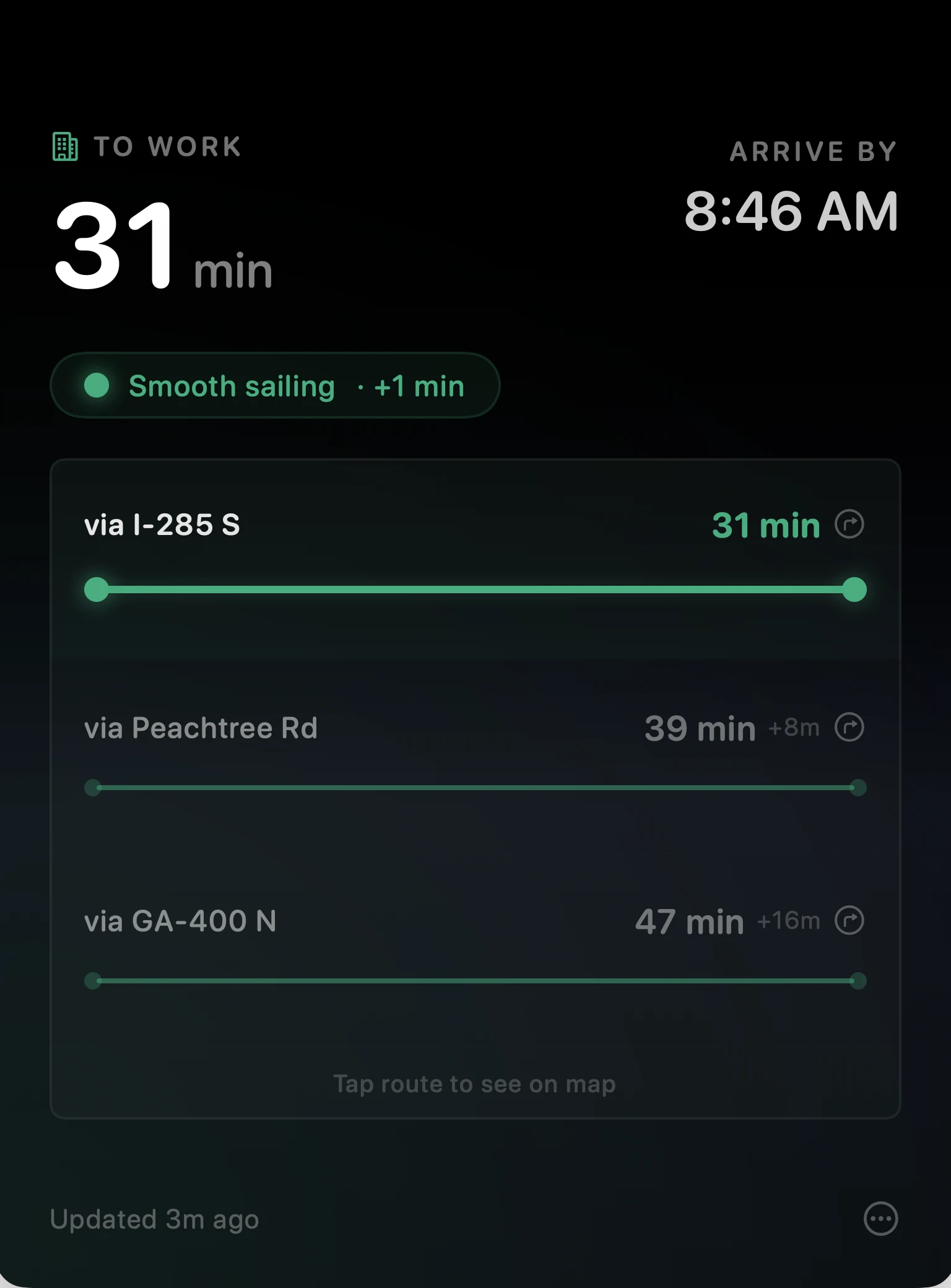 Arrival's notch HUD expanded — the full popover with three routes hanging from the notch