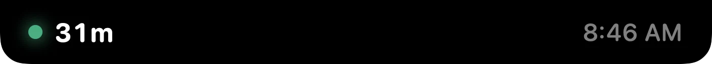 Arrival's notch HUD at a glance — a green dot, 31m, and 8:46 AM flanking the notch