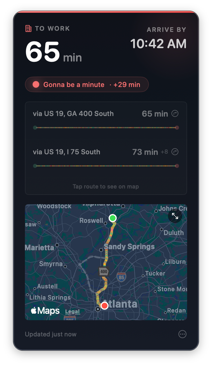 Arrival dark mode showing traffic with map and incidents — Bring a podcast