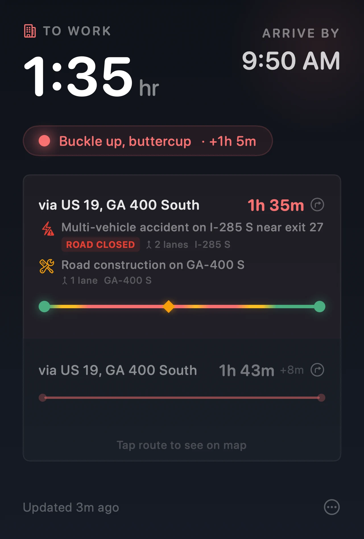 Arrival's popover in dark mode, heavy traffic — 1 hour 35 to work, with an accident and construction listed on the route