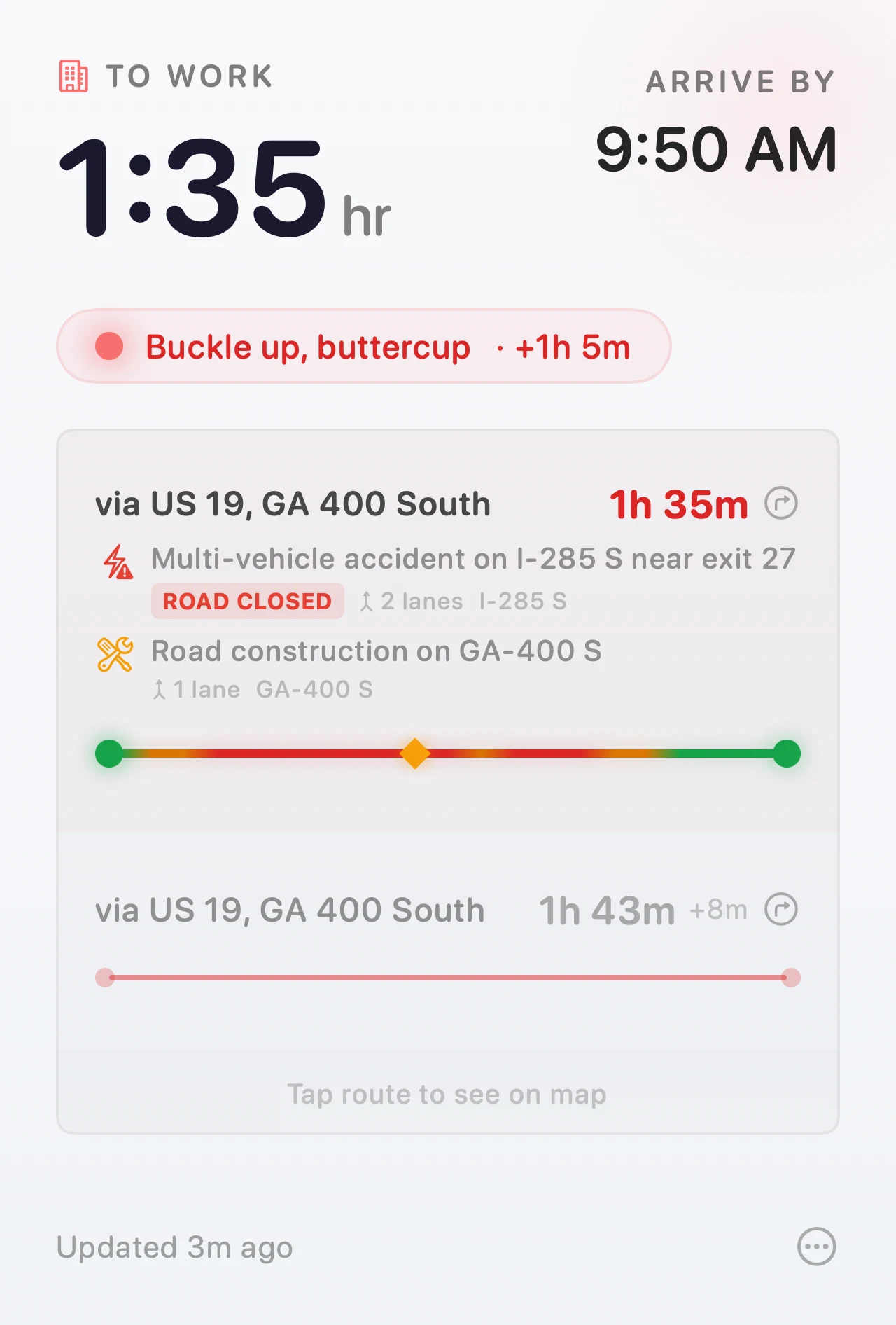 Arrival's popover, heavy traffic — 1 hour 35 to work, with an accident and construction listed on the route