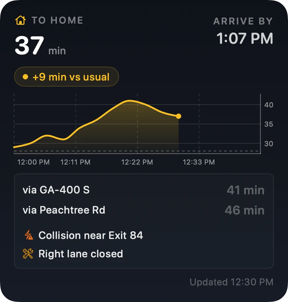 Arrival's large widget in dark mode — the drive time, a full chart of the window, alternate routes and incidents