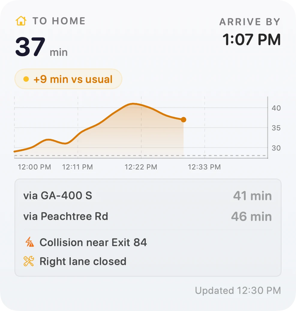 Arrival's large widget — the drive time, a full chart of the window, alternate routes and incidents