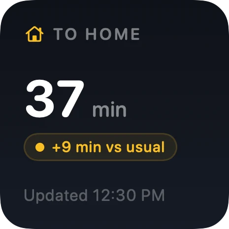 Arrival's small widget in dark mode — 37 min to home, 9 minutes over usual