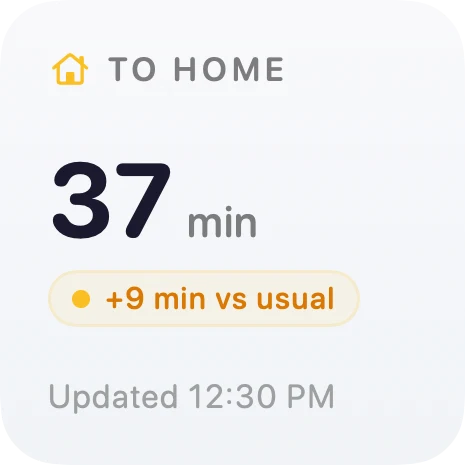 Arrival's small widget — 37 min to home, 9 minutes over usual, last updated 12:30 PM